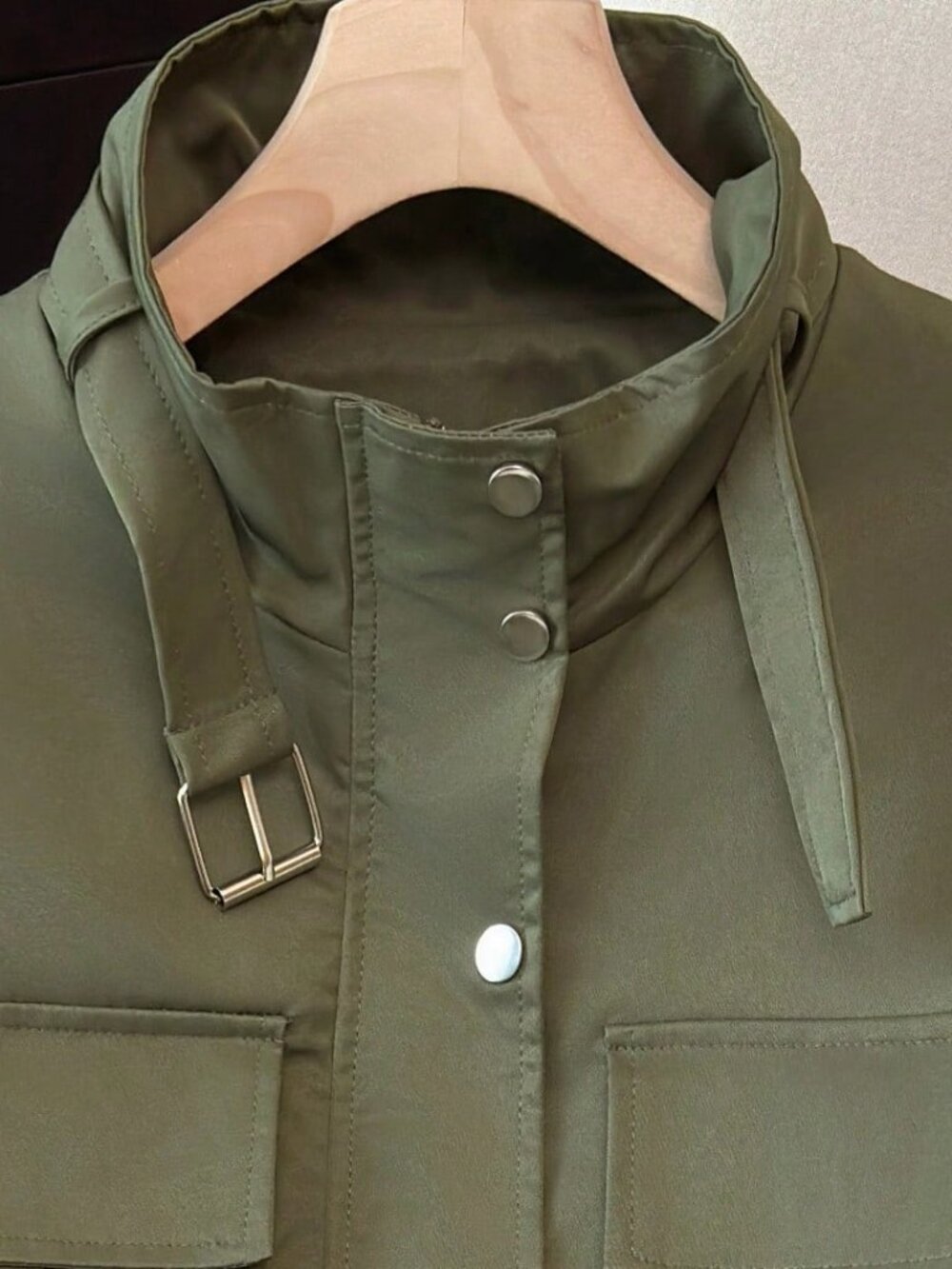 Army Green Women's Casual Multi-Pocket Funnel Neck Utility jacket - Picture 7 of 9